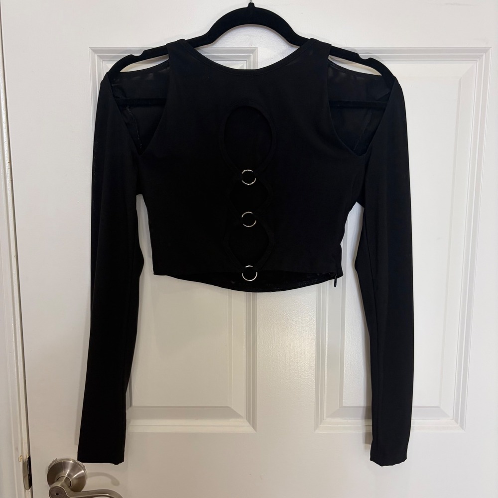 White Fox Black Mesh Cut Out Ring Detail Long Sleeve Crop Top Small